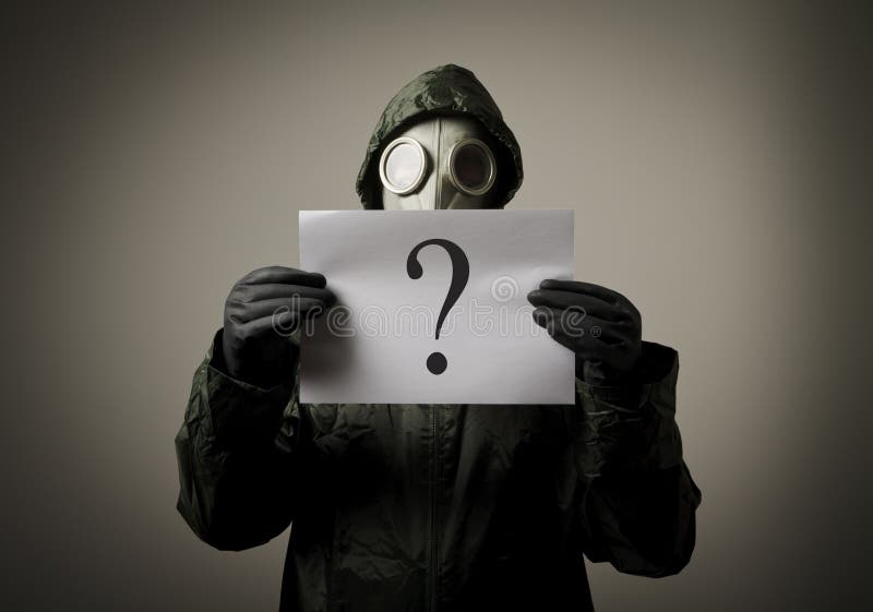 Gas mask and question. Man having no answers to a question. Gas mask and question. Man having no answers to a question