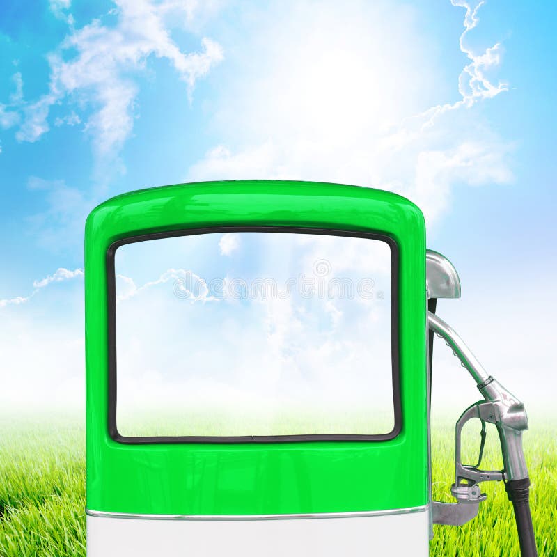 Green gasoline fuel pump ecology concept with landscape background, clipping path. Green gasoline fuel pump ecology concept with landscape background, clipping path
