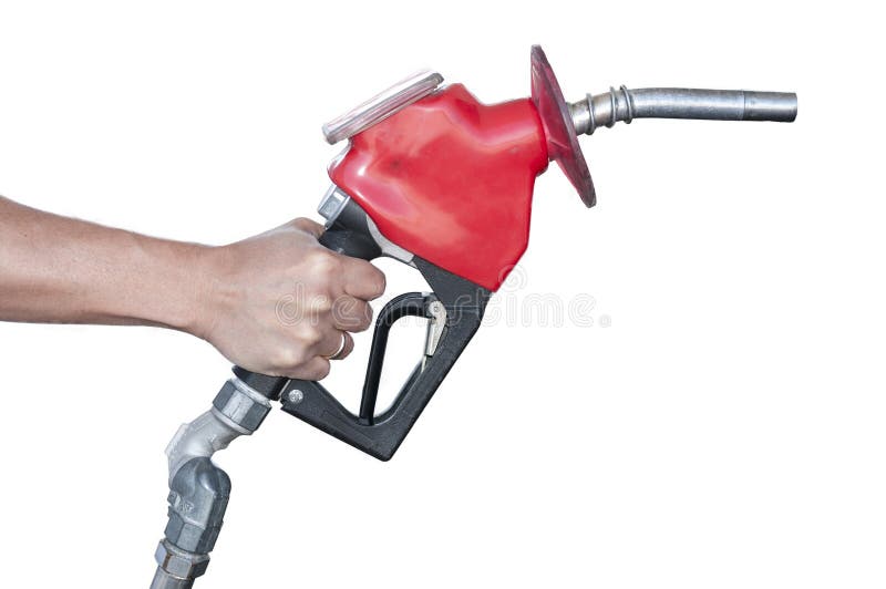 Gas pump nozzle held by a male hand. Gas pump nozzle held by a male hand