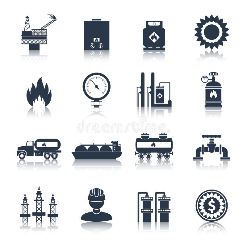 Gas icons black with flame plant storage extraction isolated vector illustration. Gas icons black with flame plant storage extraction isolated vector illustration