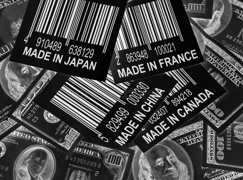 Spending american Money outside the US: one hundred dollar bills surrounding UPC bar code with made in the Japan, Canada, France and China on it. All bar codes are fictional data. Spending american Money outside the US: one hundred dollar bills surrounding UPC bar code with made in the Japan, Canada, France and China on it. All bar codes are fictional data.