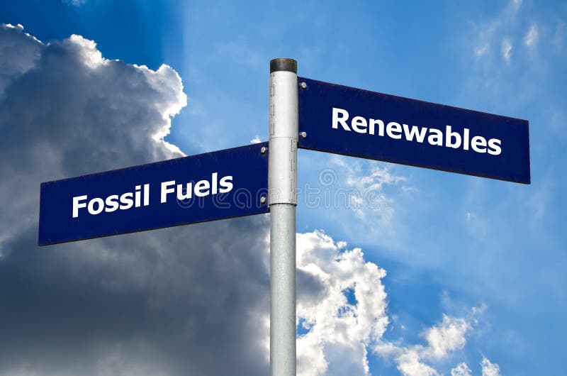 Gatatecken som är främst av molnig himmel som föreställer val mellan ’fossil- bränslen’ och ’renewables ’