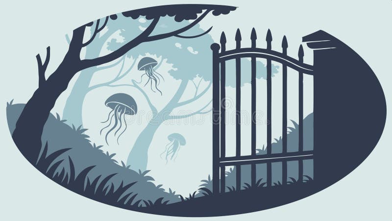 Gate with Jellyfish in a Moonlit Forest vetor design Generative AI stock illustrationer