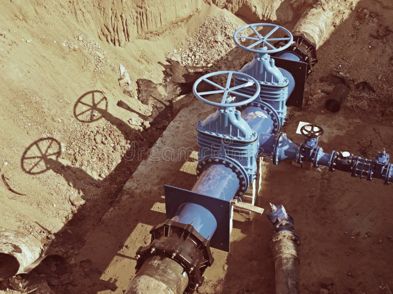 Gate Valves Underground, Water Pipeline Valve on a Blue Pipeline after