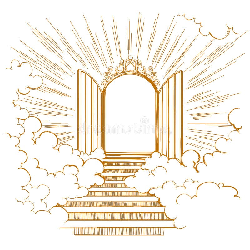 Gates of Paradise, entrance to the heavenly city, meeting with God, symbol of Christianity hand drawn vector