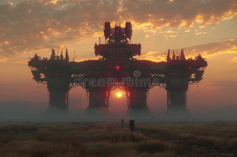 Gateway futurist Sunset : Megastructura SciFi pe pășuni vector illustration