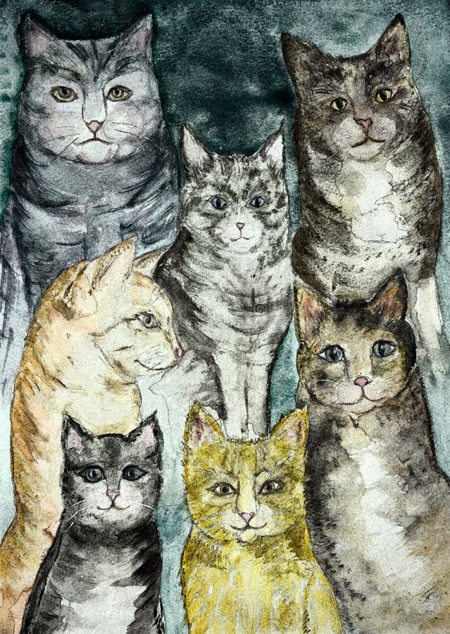 Gathering of different kind of rustic cats with a turquoise background.