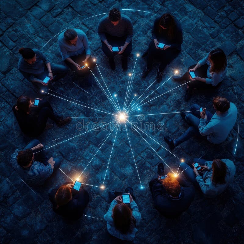 Gathering at dusk with glowing phones connected by illuminated digital lines in a circle. Generative AI royalty free stock photography