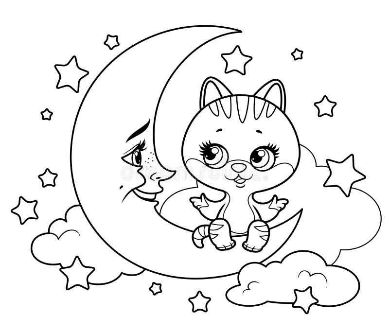 Página Para Colorir Kawaii Gato Está Sentado Nas Nuvens Místico