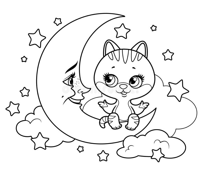 Gatito De Dibujos Animados Se Sienta En La Luna Creciente Y Cuenta Algo  Delineado Para Colorear Ilustración del Vector - Ilustración de elemento,  fondo: 208039568