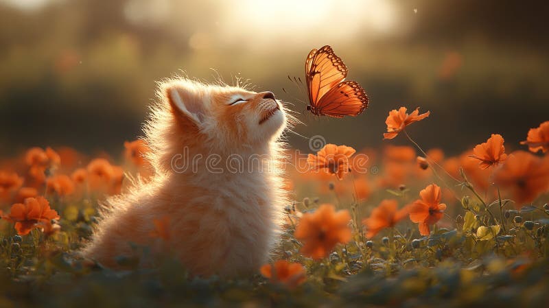 Gatito de jengibre adorable en un campo de amapolas con mariposa ilustración del vector