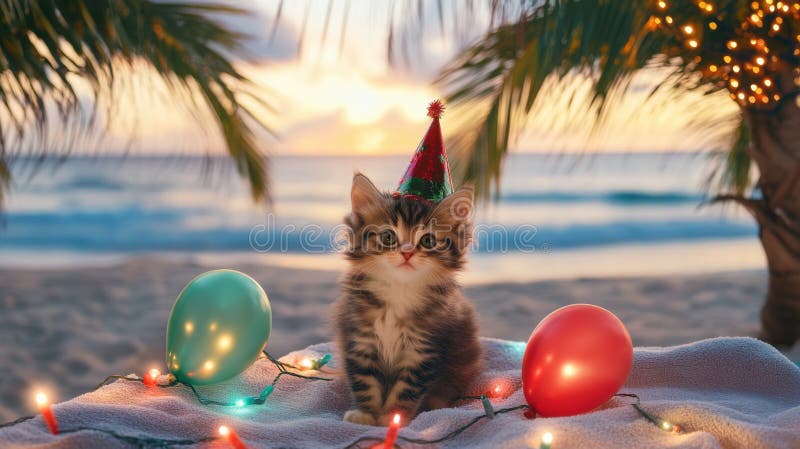 Gatito en la playa de new años eve : un gatito suavemente vestido imagen de archivo libre de regalías