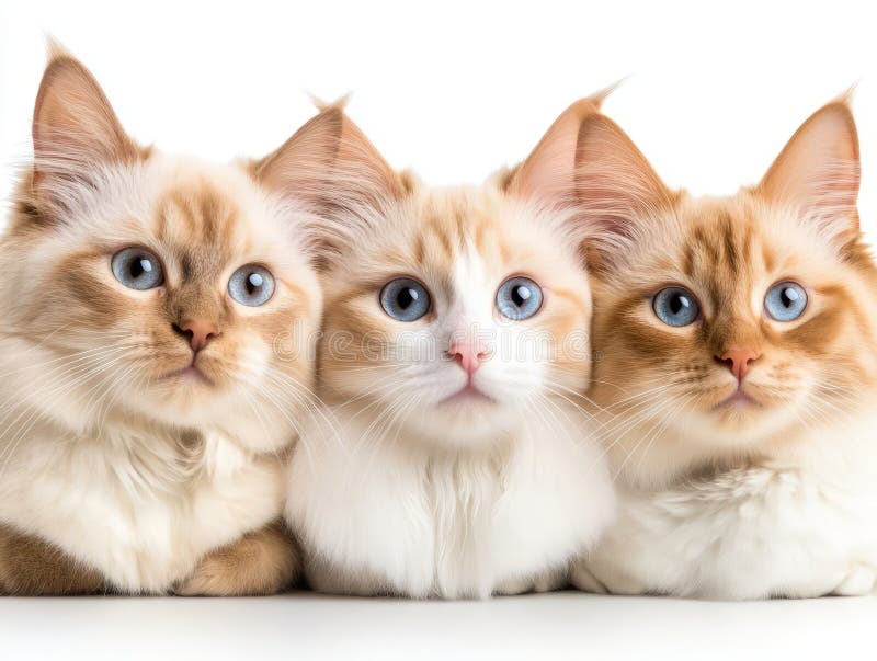Gatitos encantadores y juguetones con ojos azules brillantes colocados juntos en fondo blanco libre illustration