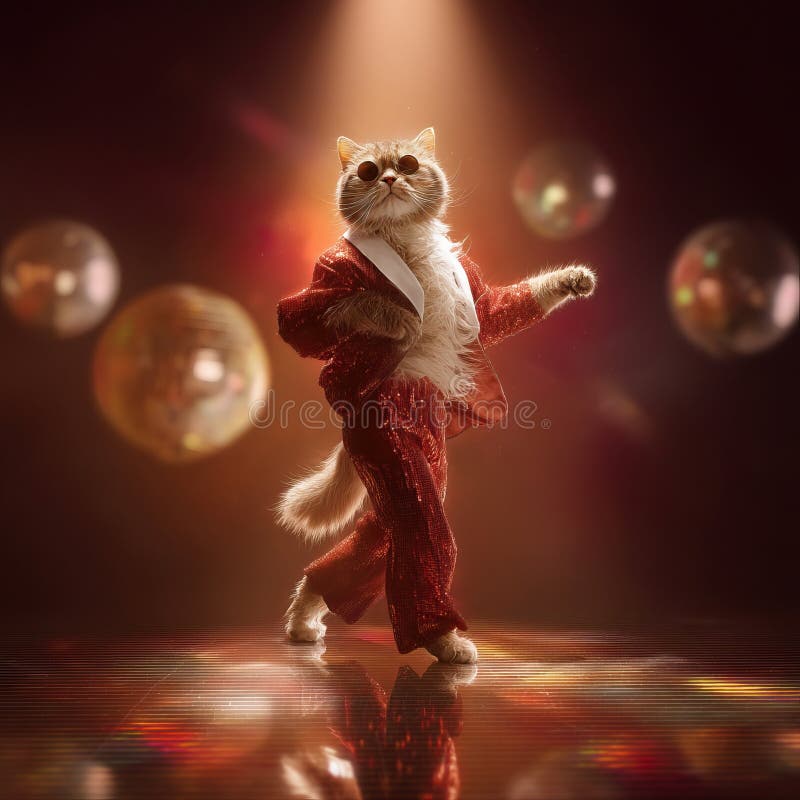 Gato antropomórfico con traje rojo bailando en la pista de la discoteca fotos de archivo