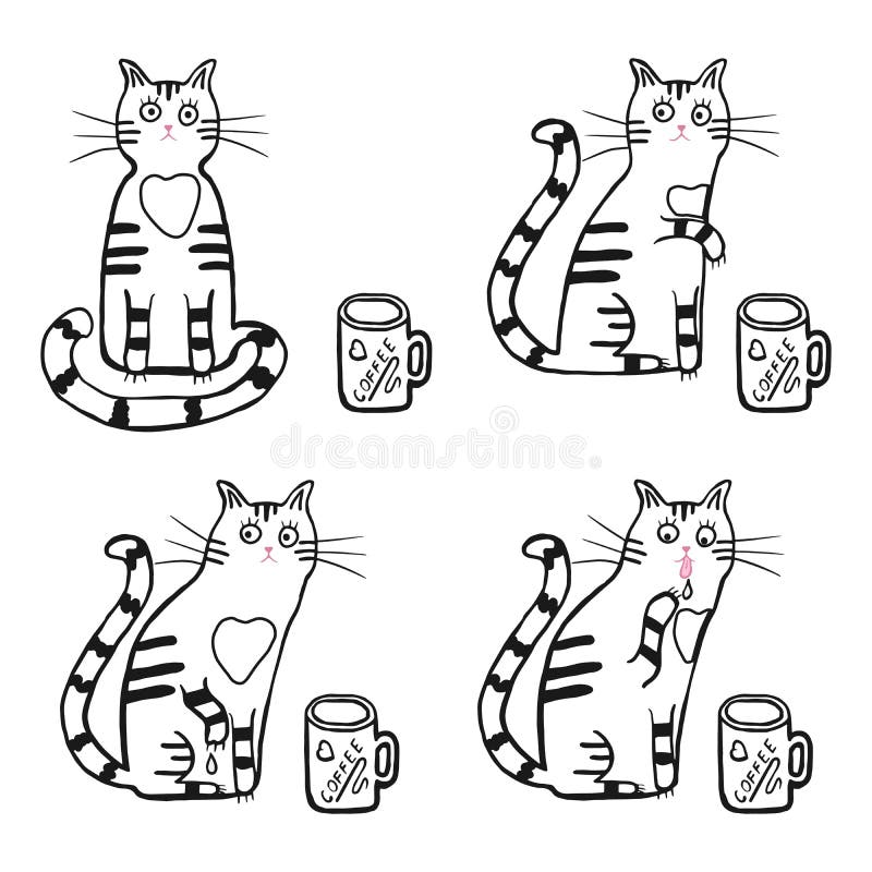 Gatos fofos felizes em uma xícara de café simples ilustração de desenho  animado desenhada à mão