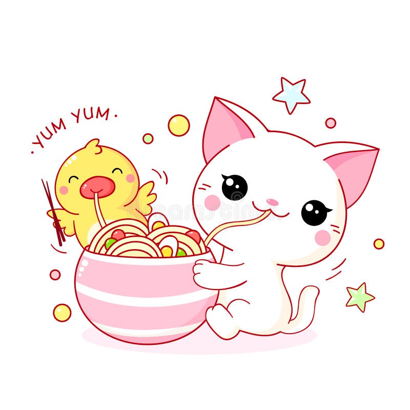 Desenho de gato comendo macarrão para colorir