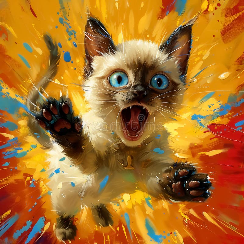 Gato brincalhão com olhos azuis deslumbrantes salta alegremente contra fundo vibrante ilustração do vetor