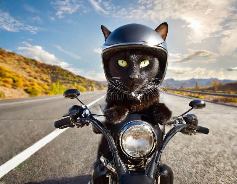 Black cat in bike helmet and leather clother driving motorbike on highway, pet joke ride, transport concept. Black cat in bike helmet and leather clother driving motorbike on highway, pet joke ride, transport concept