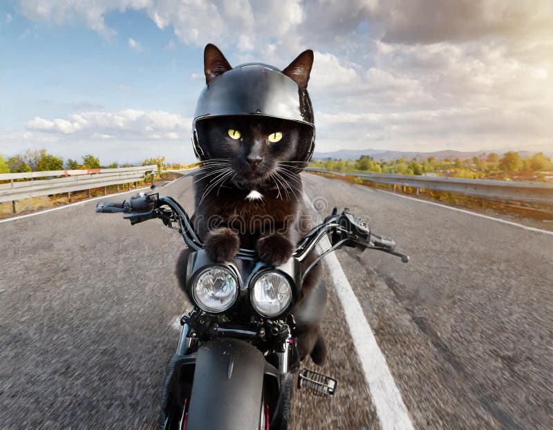 Black cat in bike helmet and leather clother driving motorbike on highway, pet joke ride, transport concept. Black cat in bike helmet and leather clother driving motorbike on highway, pet joke ride, transport concept