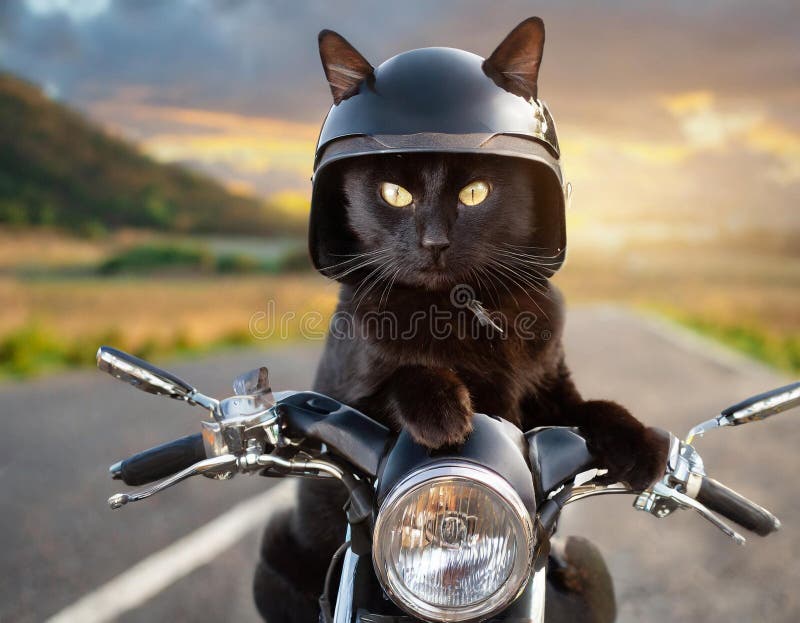 Black cat in bike helmet and leather clother driving motorbike on highway, pet joke ride, transport concept. Black cat in bike helmet and leather clother driving motorbike on highway, pet joke ride, transport concept