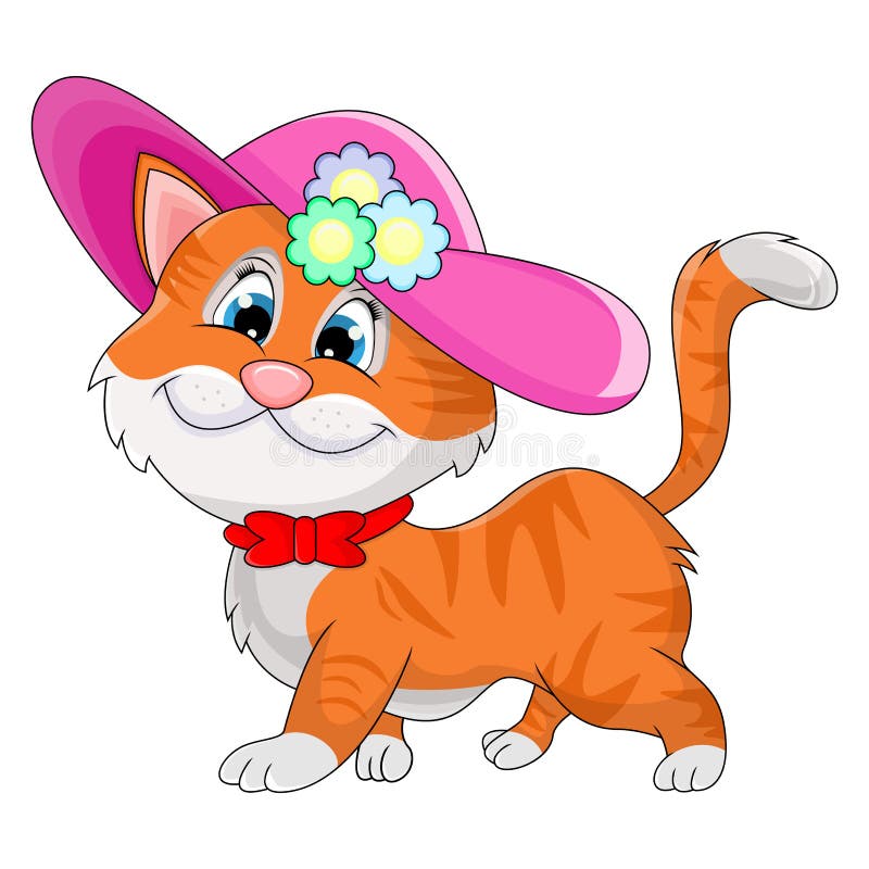 Um gato de desenho animado com um vestido laranja e um chapéu que diz o  nome do gato.