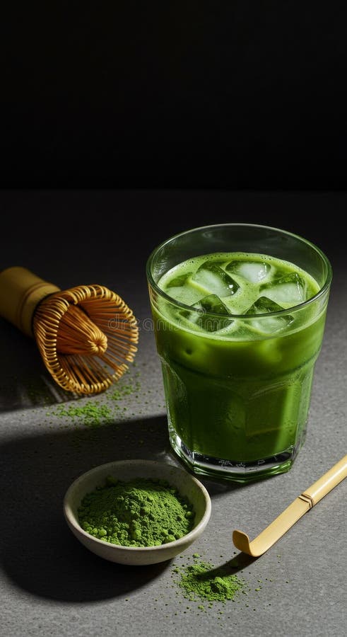 Gato de Matcha Green Tea Beber com Whisk e Bowl ilustração do vetor