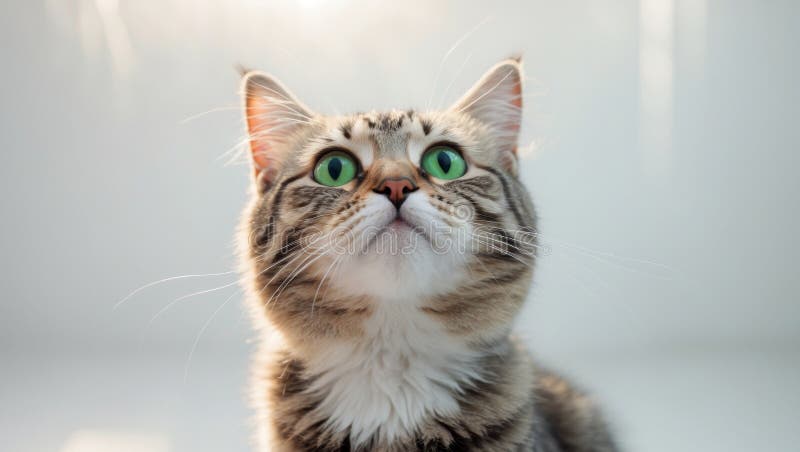 Gato de Tabby Adorable con ojos verdes brillantes mirando hacia arriba en maravilla foto de archivo