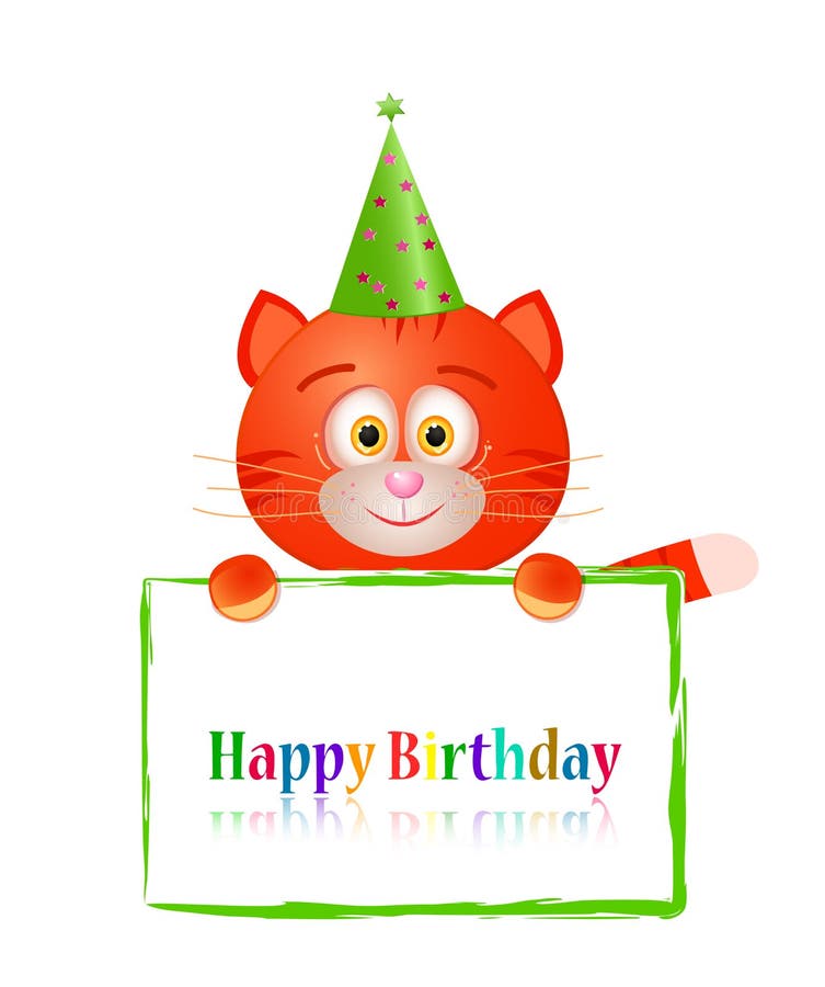 Gato do brinquedo com o cartão no aniversário ilustração royalty free Gato do brinquedo com o cartão no aniversário ilustração royalty free