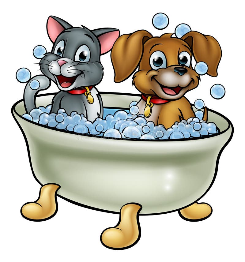 Gato e cão dos desenhos animados no banho ilustração do vetor Gato e cão dos desenhos animados no banho ilustração do vetor