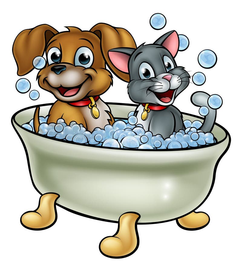 Gato e cão dos desenhos animados que lavam no banho ilustração royalty free Gato e cão dos desenhos animados que lavam no banho ilustração royalty free