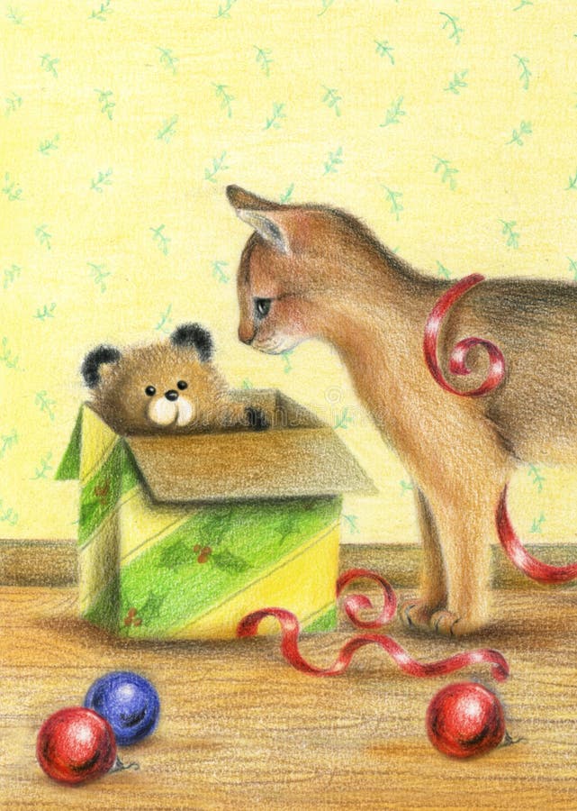 Gato e presente do Natal - arte -final ilustração do vetor Gato e presente do Natal - arte -final ilustração do vetor