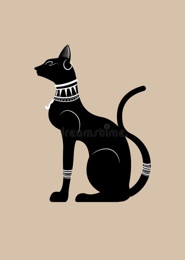 Gatos Egípcios. Deusa Bastet. Gato Preto Definido Com Asa Escaravelho E  Colar De Ouro. Estatueta Da Arte Do Antigo Egito. Ícone Do Desenho Animado  3d. Design Do Logotipo. Ilustração Vetorial De Estilo