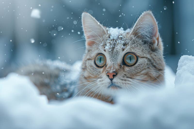 Gato en la nieve en un día de invierno