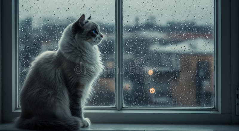 Gato Fluffy Mirando Día Lluvioso Desde La Ventana. Un gato suavizado con los ojos azules sentado junto a una ventana de barro que mira al exterior Perfecto para proyectos relacionados con mascotas y el clima