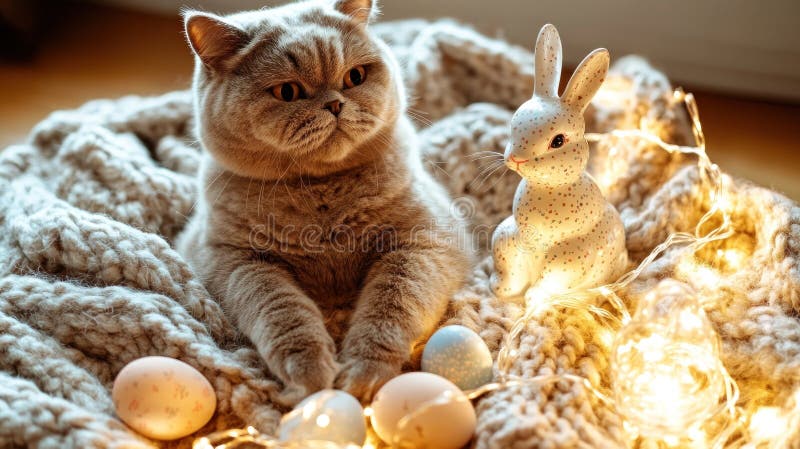 Gato gordinho e fofo, ovos de Páscoa, coelho, figurino, luz sobre o macio. Gato como parte da decoração festiva foto de stock