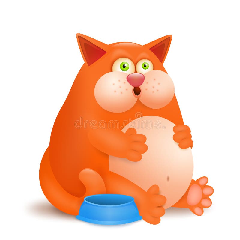 Fat glutton ginger cat with empty bowl on white background. Vector illustration. Fat glutton ginger cat with empty bowl on white background. Vector illustration