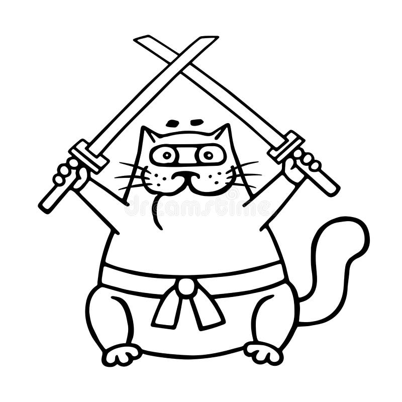 Gato Ninja Gordo Com Duas Espadas Cruzadas Personagem Engraçado