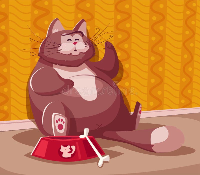 Desenho animado do vetor ilustração de gato branco gordo faminto com  colher, garfo, tigela vermelha vazia