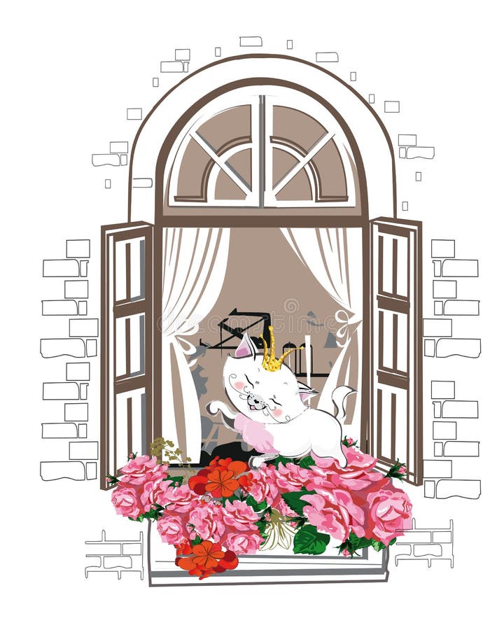Gato lindo con una corona en la ventana con las flores libre illustration Gato lindo con una corona en la ventana con las flores libre illustration
