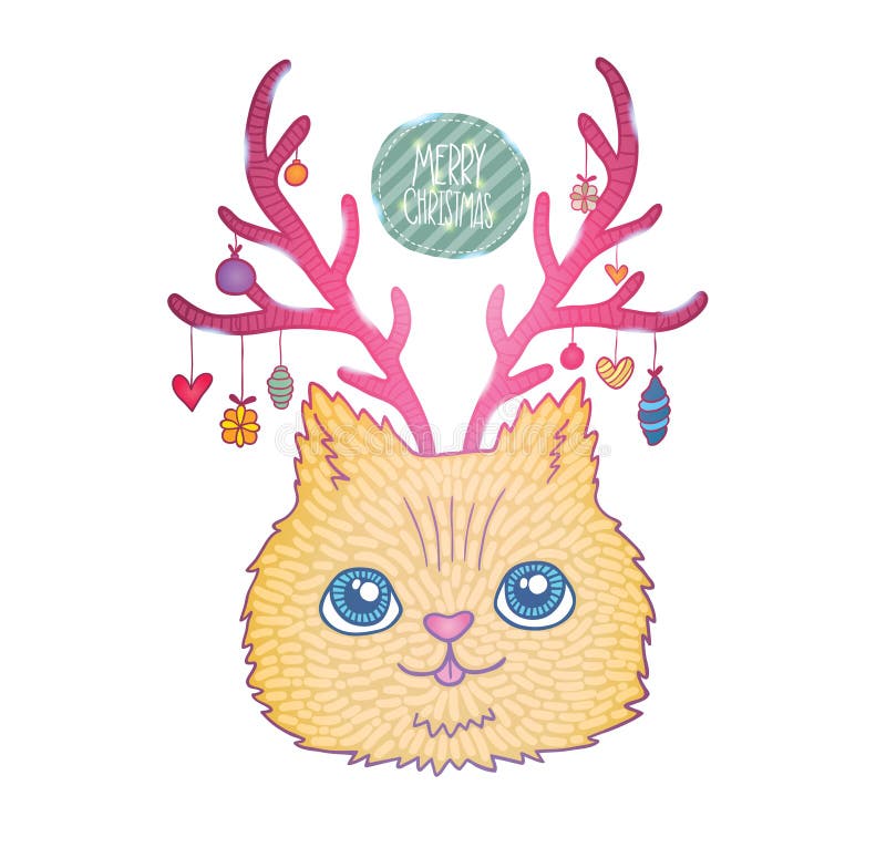 Gato lindo de la Navidad de la historieta con los cuernos de los ciervos ilustración del vector Gato lindo de la Navidad de la historieta con los cuernos de los ciervos ilustración del vector