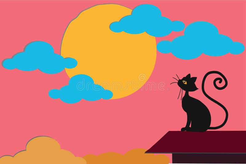Gato negro hermoso que mira el ajuste del sol en el cielo nublado rosado, en el top del tejado del hogar stock de ilustración Gato negro hermoso que mira el ajuste del sol en el cielo nublado rosado, en el top del tejado del hogar stock de ilustración