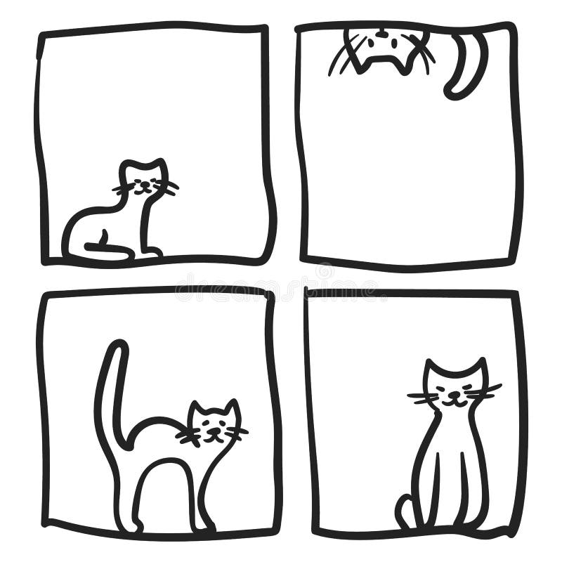 Gato No Rabisco Da Janela. Desenho Simples De Quatro Gatos Em Forma  Geométrica Quadrada Cada Um Em Diferentes Poses Ilustração do Vetor -  Ilustração de vetor, fofofo: 204735335