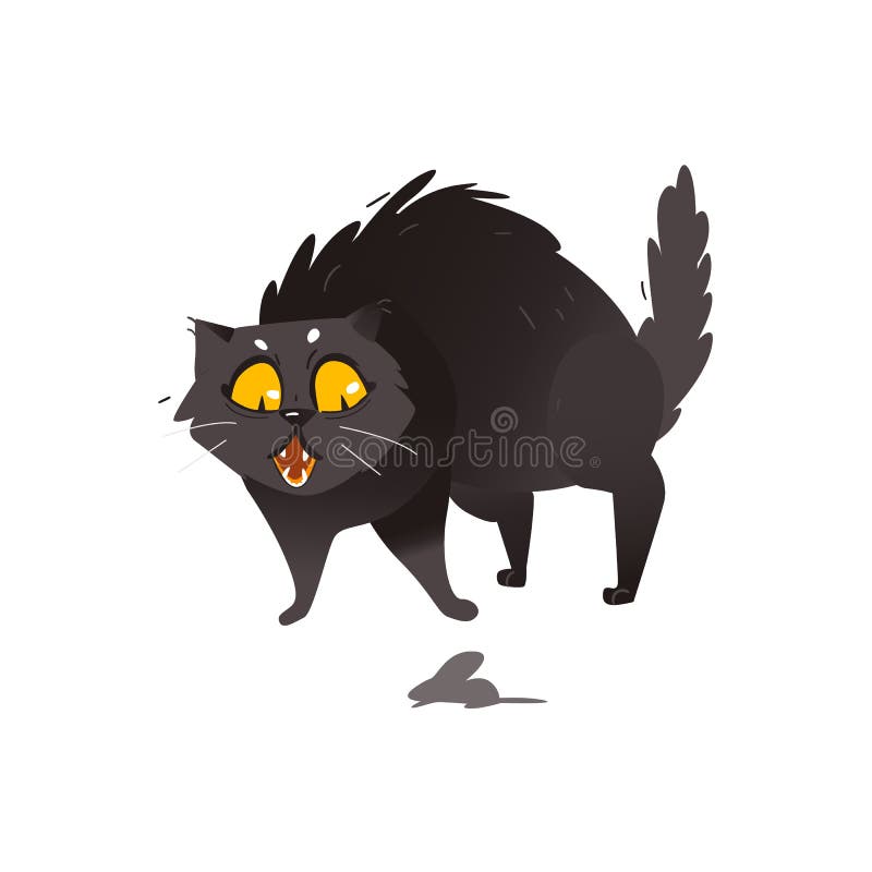 Gato preto gordo macio bonito assustado do rato pequeno ilustração royalty free Gato preto gordo macio bonito assustado do rato pequeno ilustração royalty free
