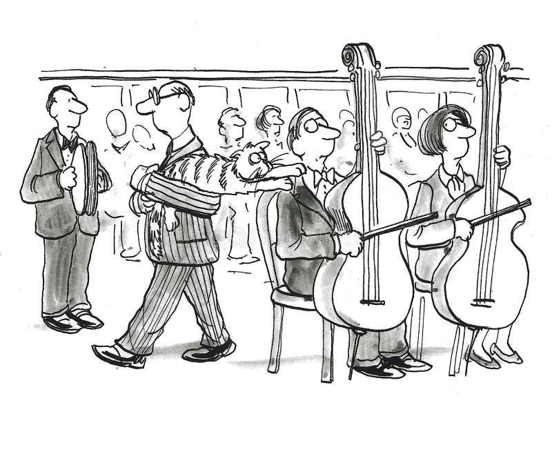 BW cartoon of a cat being carried through a live orchestra. The cat really, really wants to play with the bass's strings. BW cartoon of a cat being carried through a live orchestra. The cat really, really wants to play with the bass's strings