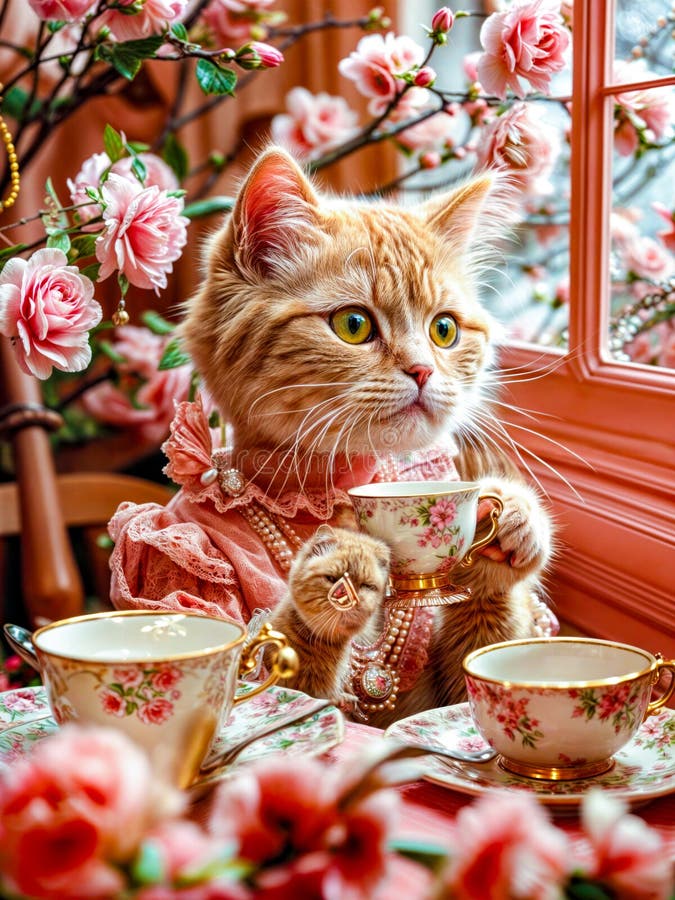 Cat sitting on table next to tea cup and saucer. AI generated. Cat sitting on table next to tea cup and saucer. AI generated