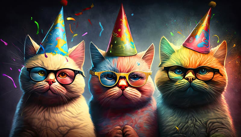 3 lucky cats in festive hats and colorful glasses. Generative AI, AI generated. 3 lucky cats in festive hats and colorful glasses. Generative AI, AI generated