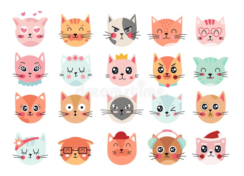 cabeças de gatos coloridos bonitos, rostos de gatinho, padrão sem emenda de  vetor. personagens de desenhos animados de animais de estimação gatinho  engraçados com emoções, textura para tecido, papel de parede, papel