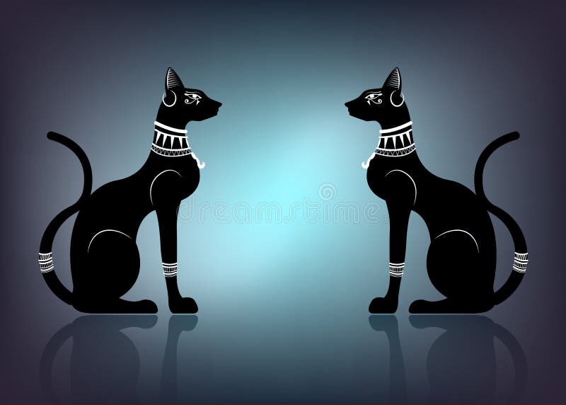 Gatos Egípcios. Deusa Bastet. Gato Preto Definido Com Asa Escaravelho E  Colar De Ouro. Estatueta Da Arte Do Antigo Egito. Ícone Do Desenho Animado  3d. Design Do Logotipo. Ilustração Vetorial De Estilo