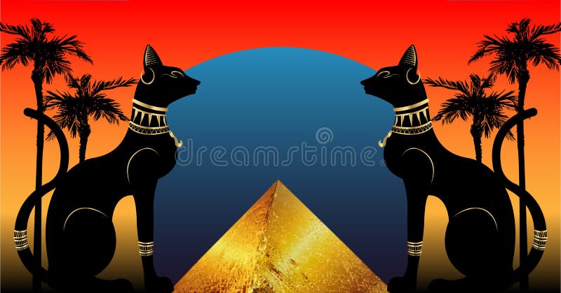 Gatos egípcios e pirâmide antiga. deusa egípcia e perfil de estátua de palmeiras com joias faraônicas de ouro. ícone de egito