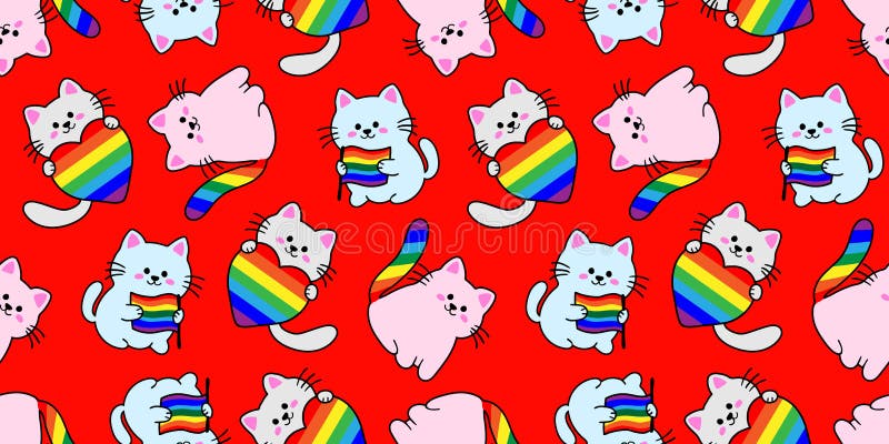 Gatos kawaii con corazones y colas arcoiris sobre fondo rojo lgbt patrón de orgullo lindo ilustración animal para decoración de te libre illustration